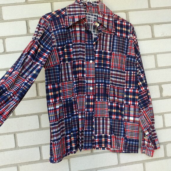 Vintage 60s 70s Plaid Patchwork Shirt 43"B Butterfly Collar Moonglow Buttons - Picture 8 of 12